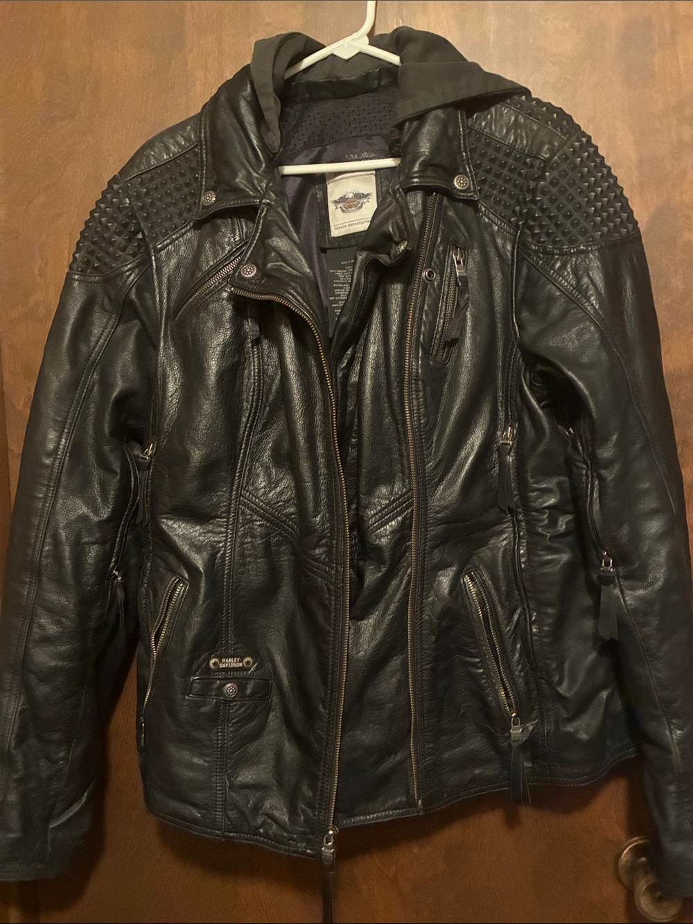 Harley-Davidson Black Leather Studded Shoulder Jacket with Hood